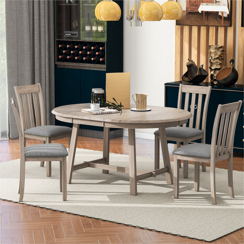 5 Piece Wood Dining Table Set Round Extendable Dining Table With 4 Dining Chairs Dining Room Table Set For 4 Person For Dining Room Gray
